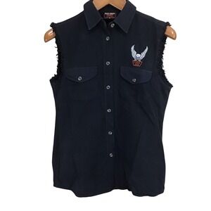 Biker Design Womens Black Sleeveless Button Up Shirt Cat Rose Sturgis, MS 2004 M